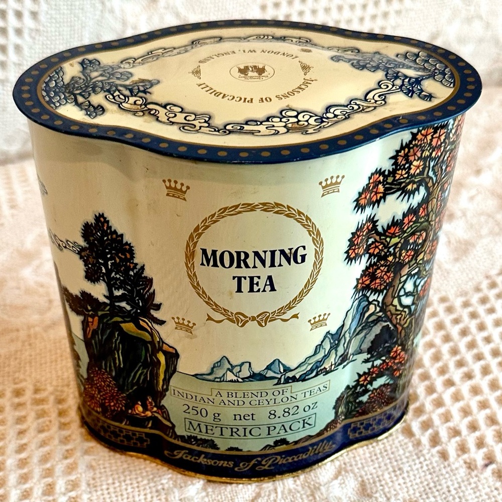 Vtg Jacksons of Piccadilly London Morning Tea Tin Canister Unique Shape
Tiffany
